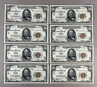 Group of 8 1929 US $50 Grant Red Seal Banknotes
