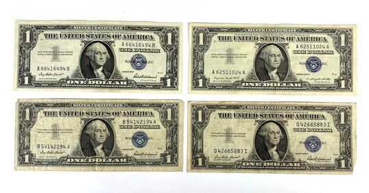 Group of 4 US $1 Washington Blue Seal Banknotes