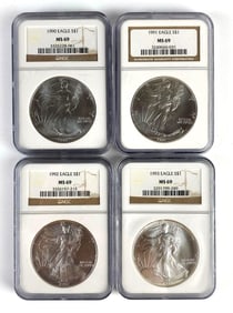 Group of 4 NGC Graded 1990-1993 US $1 Eagle Silver Dollars MS69