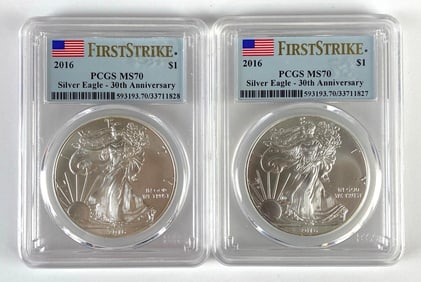 Group of 2 PCGS Graded 2016 US $1 Silver Eagle Silver Dollars MS70