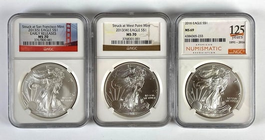 Group of 3 NGC Graded US $1 Silver Eagle 1oz Silver Dollars