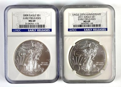 Group of 2 NGC Graded US $1 Silver Eagle 1oz Silver Dollars MS69