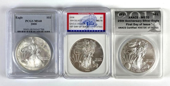 Group of 3 Graded US $1 Silver Eagle 1oz Silver Dollars