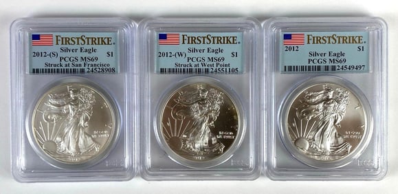 Group of 3 PCGS Graded 2012 US $1 Silver Eagle 1oz Silver Dollars MS69