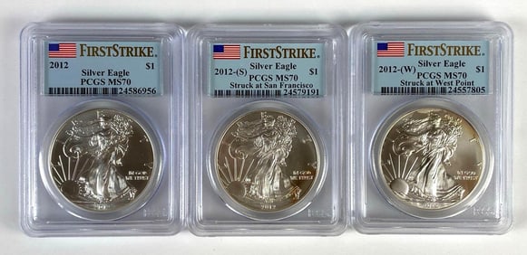 Group of 3 PCGS Graded 2012 US $1 Silver Eagle 1oz Silver Dollars MS70