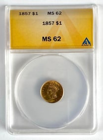 ANACS Graded 1857 $1 Indian Liberty Head Gold Coin MS62