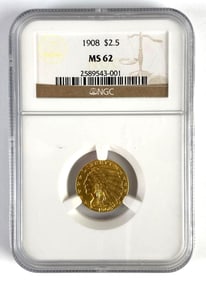 NGC Graded 1908 US $2.50 Indian Head Gold Coin MS62