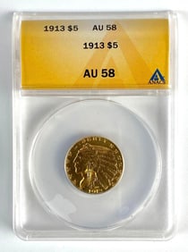 ANACS Graded 1913 US $5 Indian Head Gold Coin AU58
