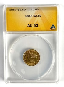 ANACS Graded 1853 US $2.50 Liberty Head Gold Coin AU53