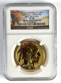 NGC Graded 2013-W US $50 Reverse PF Buffalo 1oz .999 Fine Gold Coin PF70