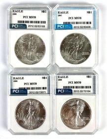 Group of 4 PCI Graded 1986-1989 US $1 Silver Eagles MS70