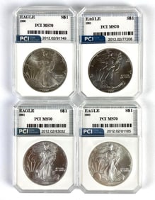 Group of 4 PCI Graded US $1 Silver Eagles MS70