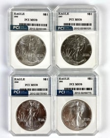 Group of 4 PCI Graded US $1 Silver Eagles MS70