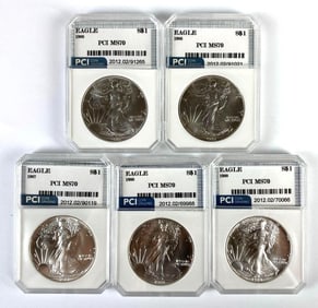 Group of 5 PCI Graded 1986-1988 US $1 Silver Eagles MS70