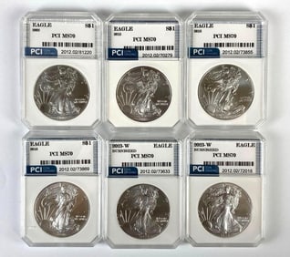 Group of 6 PCI Graded US $1 Silver Eagles MS70