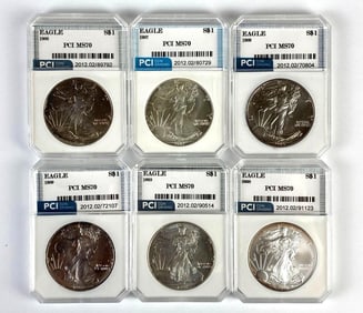 Group of 6 PCI Graded US $1 Silver Eagles MS70