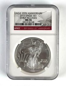 NGC Graded 2011 US $1 Silver Eagle 25th Anniversary MS70
