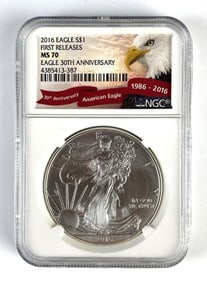 NGC Graded 2016 US $1 Silver Eagle 30th Anniversary MS70