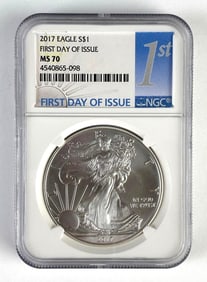 NGC Graded 2017 US $1 Silver Eagle First Day of Issue MS70
