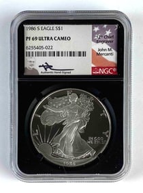 John M. Mercanti Signed NGC Graded 1986-S US $1 Silver Eagle PF69 Ultra Cameo