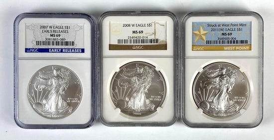 Group of 3 NGC Graded 2000s US $1 Silver Eagles