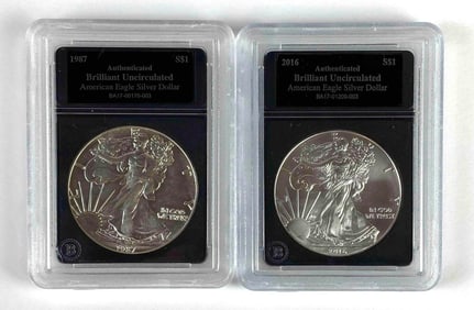 Group of 2 US $1 Silver Eagle Dollars Brilliant Uncirculated