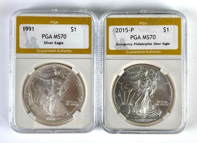 Group of 2 PGA Graded US $1 Silver Eagle Dollars MS70
