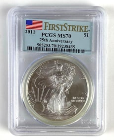 PCGS Graded 2011 US $1 Silver Eagle Dollar 25th Anniversary MS70