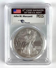 John M. Mercanti Signed PCGS Graded 2007-W US $1 Burnished Silver Eagle SP70