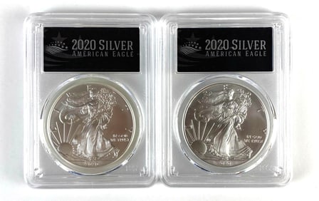 Group of 2 PCGS Graded 2020 US $1 Silver Eagle Dollars MS70