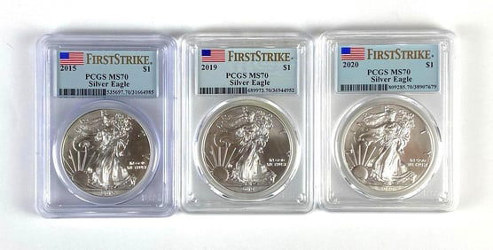 Group of 3 PCGS Graded US $1 Silver Eagle Dollars MS70