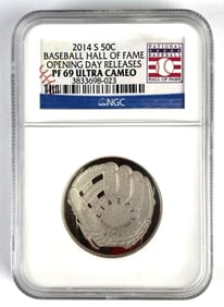 NGC Graded 2014-S Baseball Hall of Fame Opening Day Releases Silver Half-Dollar PF69