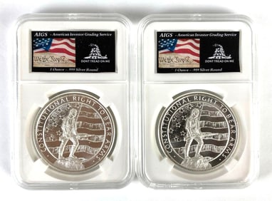 Group of 2 AIGS Slabbed US 2nd Amendment 1oz .999 Silver Rounds