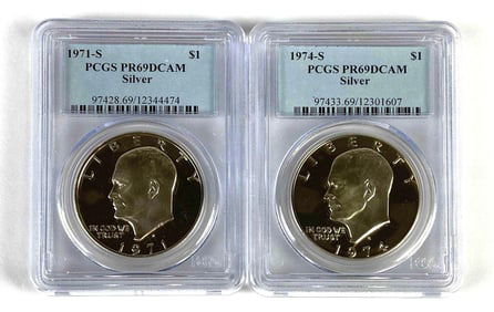 Group of 2 PCGS Graded US $1 Eisenhower Silver Dollars