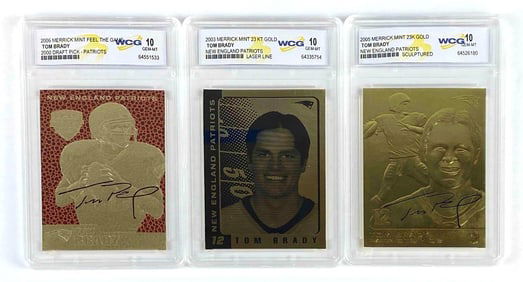 Group of 3 WCG Graded Merrick Mint Tom Brady 23K Gold-Plated Football Cards