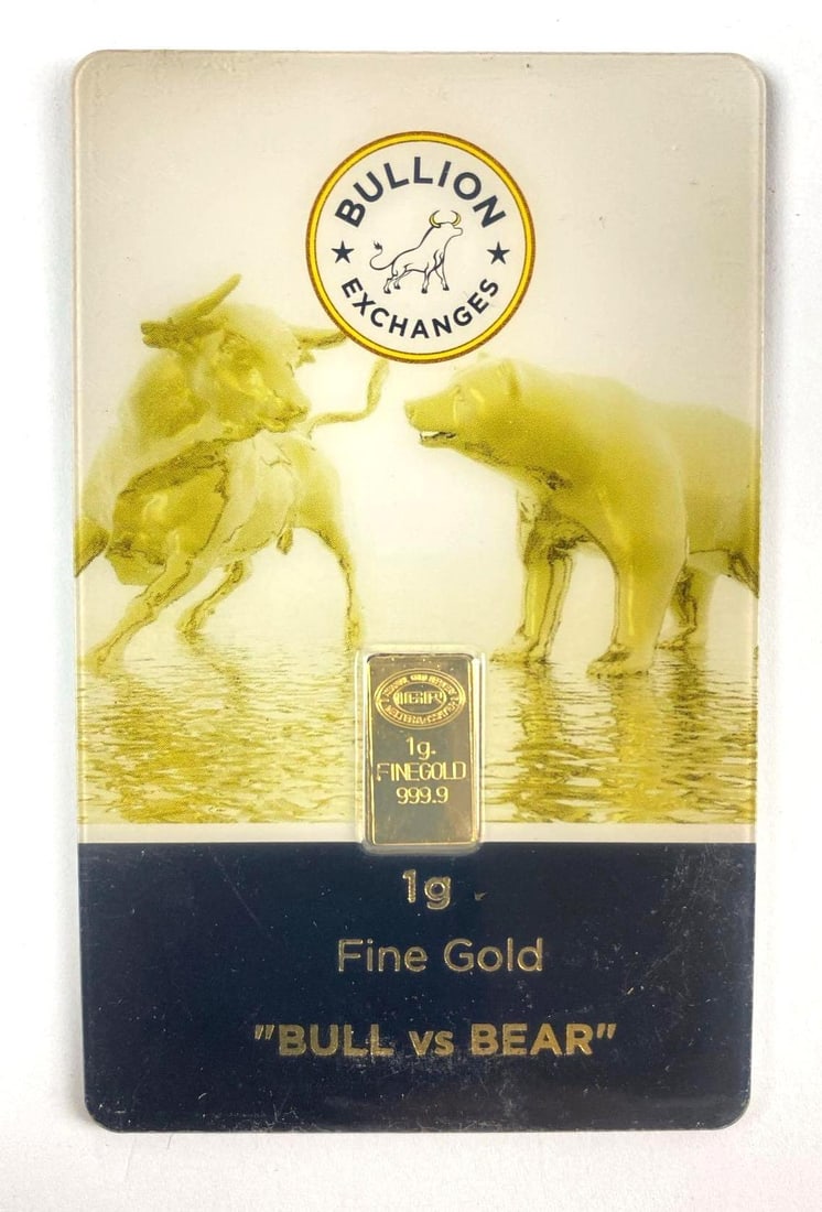 Bullion Exchange Bill vs Bear 1 Gram .9999 Fine Gold Ingot/ Bar: Bullion Exchange Bill vs Bear 1 Gram .9999 Fine Gold Ingot/ Bar