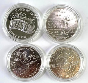 Group of 4 US mint Commemorative Silver Dollars in Caps