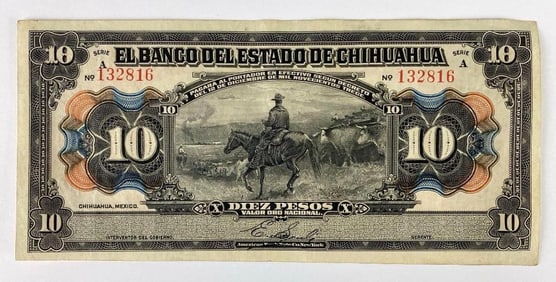 1913 Series A State of Chihuahua Mexico 10 Peso Note