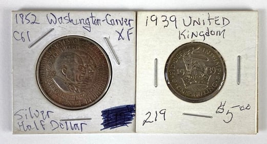 1952 Washington Carver Silver Half Dollar and 1939 UK Shilling