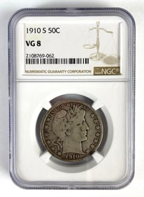 NGC Graded US 1910-S Barber Silver Half Dollar VG8