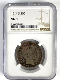 NGC Graded US 1914-S Barber Silver Half Dollar VG8