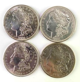 Group of 4 1921 US $1 Morgan Silver Dollars