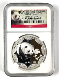NGC Graded 2012 China Panda Medal 1 oz .999 Silver PF70