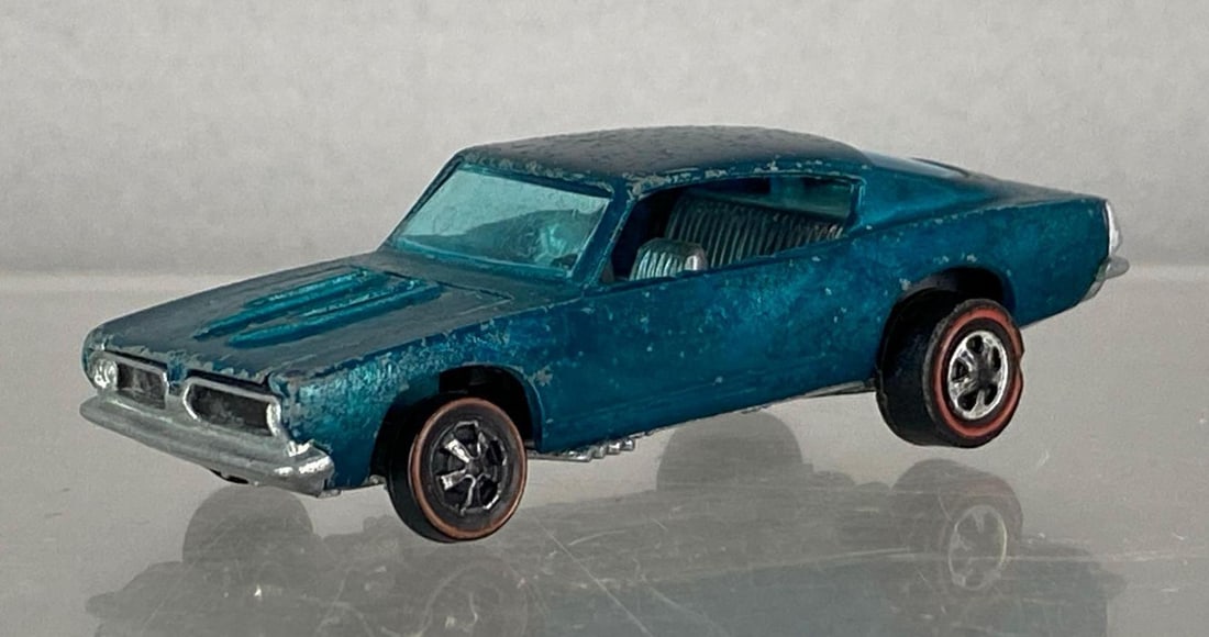 1967 Mattel Hot Wheels Red Line Custom Barracuda: Die-cast, Redline tires, blue windows, spectra flame teal