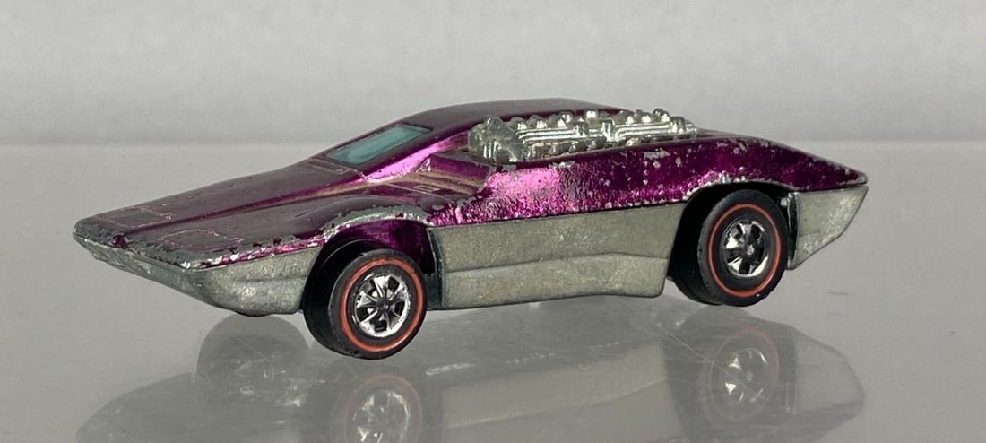 1970 Mattel Hot Wheels Red Line Side Kick: Die-cast, Redline tires, blue windows, purple
