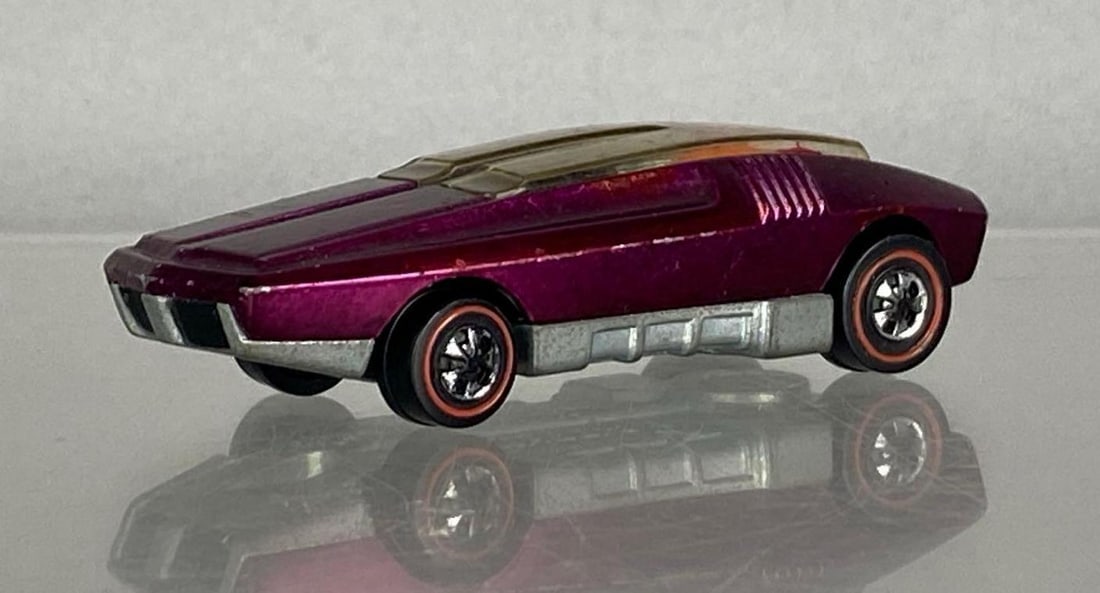 1969 Mattel Hot Wheels Red Line Whip Creamer: Die-cast, Redline tires, clear windows, magenta