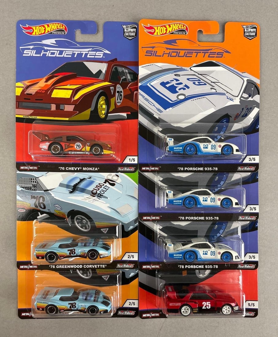 Group of Mattel Hot Wheels Premium Silhouettes Die-Cast Cars: Includes 78 Porsche, Nissan skyline, corvette and more