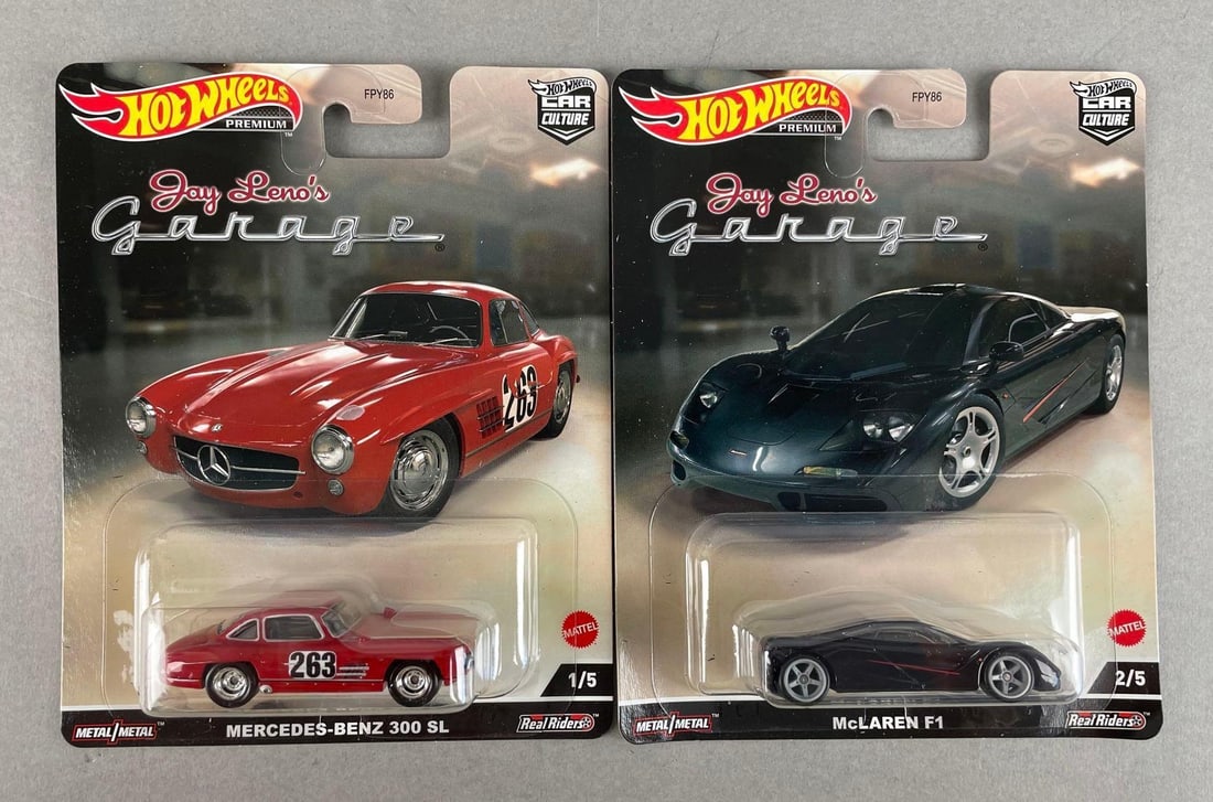 Group of 2 Mattel Hot Wheels Premium Jay Leno's Garage Die-Cast Cars: Includes McLaren F1, Mercedes 300 sl