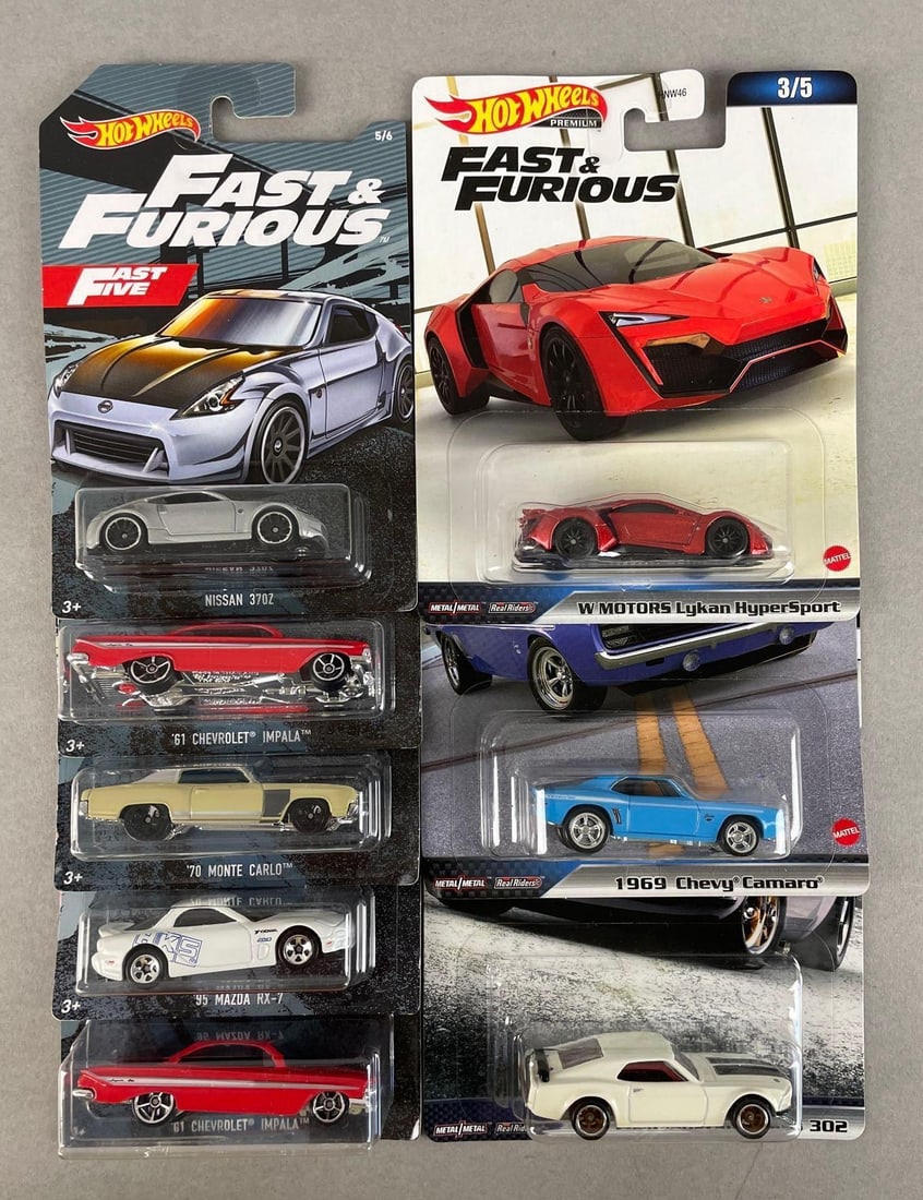 Group of Mattel Hot Wheels Fast and Furious Die-Cast Cars: 1/64 scale, original packaging