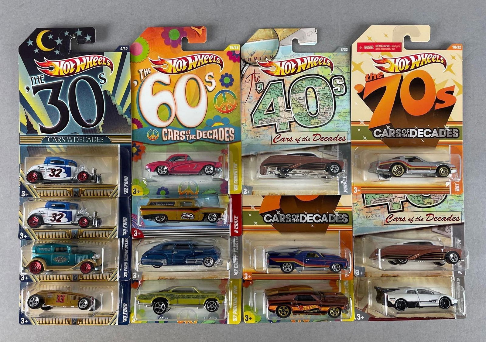 Group of Mattel Hot Wheels Decades Die-Cast Cars: 1/64 scale, original packaging